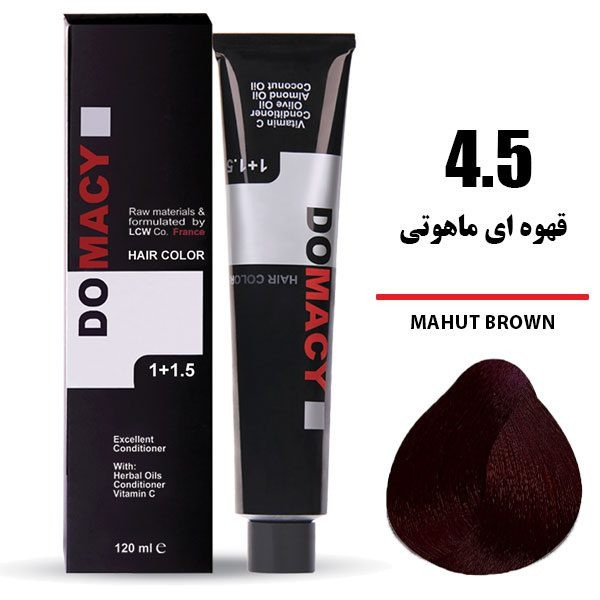 رنگ مو دوماسی DOMACY رنگ قهوه ای ماهگونی سری ماهگونی شماره 4.5 حجم 120 میل