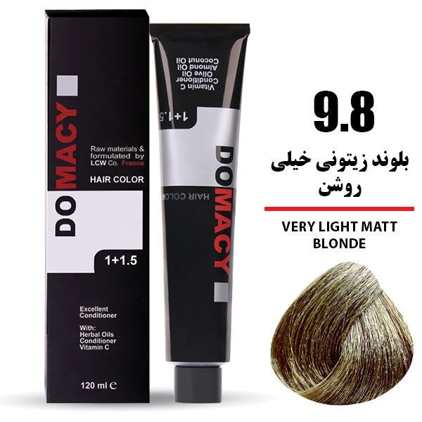 رنگ مو دوماسی DOMACY رنگ بلوند زیتونی خیلی روشن سری زیتونی شماره 9.8 حجم 120 میل