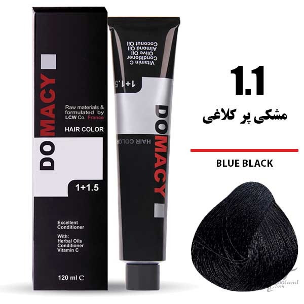 رنگ مو دوماسی DOMACY رنگ مشکی پر کلاغی سری دودی شماره 1.1 حجم 120 میل