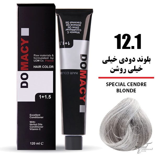 رنگ مو دوماسی DOMACY رنگ بلوند دودی خیلی خیلی روشن سری دودی شماره 12.1 حجم 120 میل