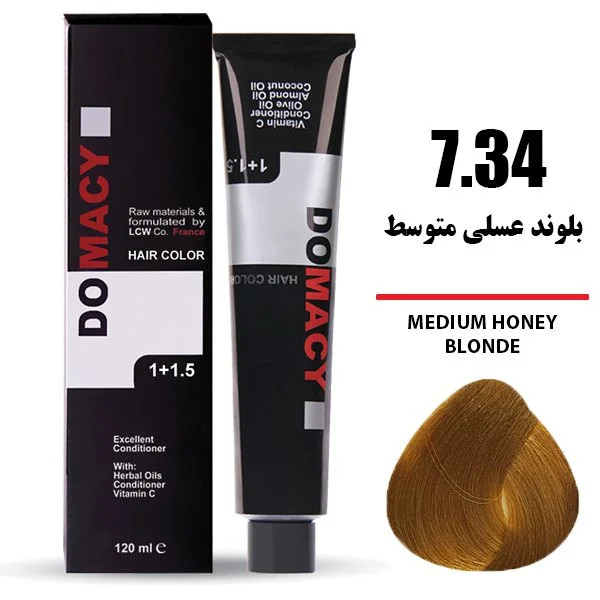 رنگ مو دوماسی DOMACY رنگ بلوند عسلی متوسط سری عسلی شماره 7.34 حجم 120 میل