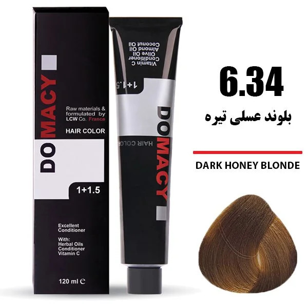 رنگ مو دوماسی DOMACY رنگ بلوند عسلی تیره سری عسلی شماره 6.34 حجم 120 میل