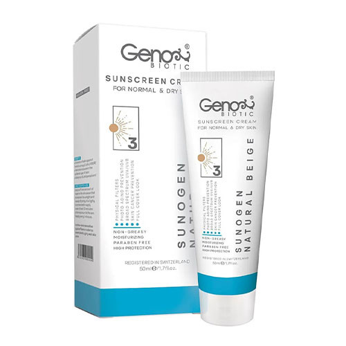 کرم ضدآفتاب ژنوبایوتیک رنگی بژ طبیعی مناسب پوست خشک و معمولی با SPF50 وزن 50 گرم