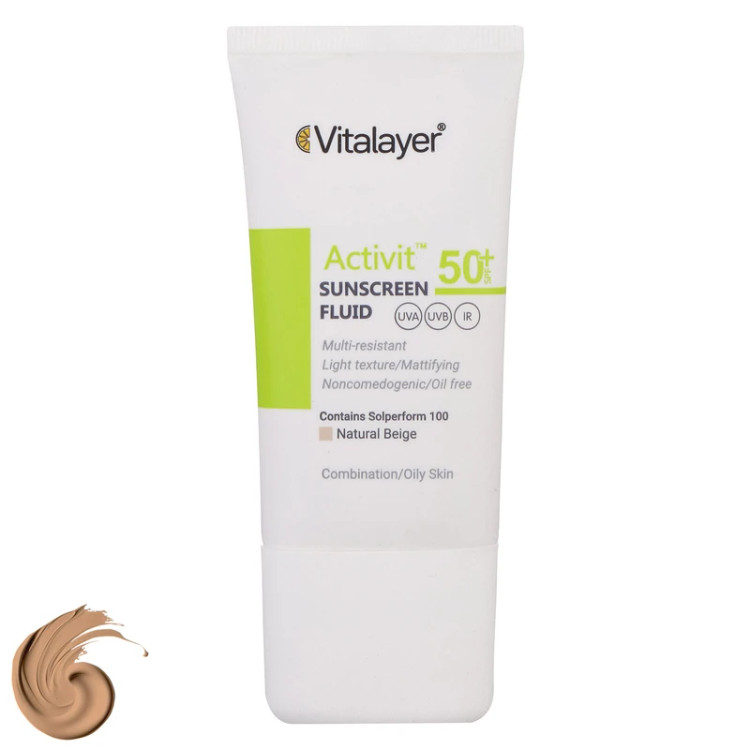 فلوئید ضدآفتاب ویتالیر رنگی بژ طبیعی مدل Activit با SPF50 مناسب پوست چرب 50 میل