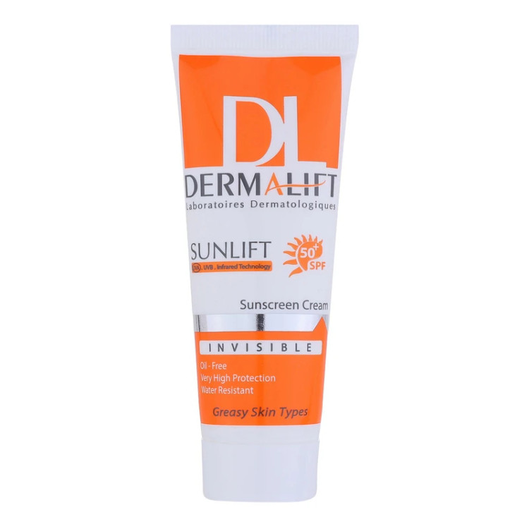 کرم ضدآفتاب غیر رنگی درمالیفت پوست چرب SPF50 مدل سان لیفت