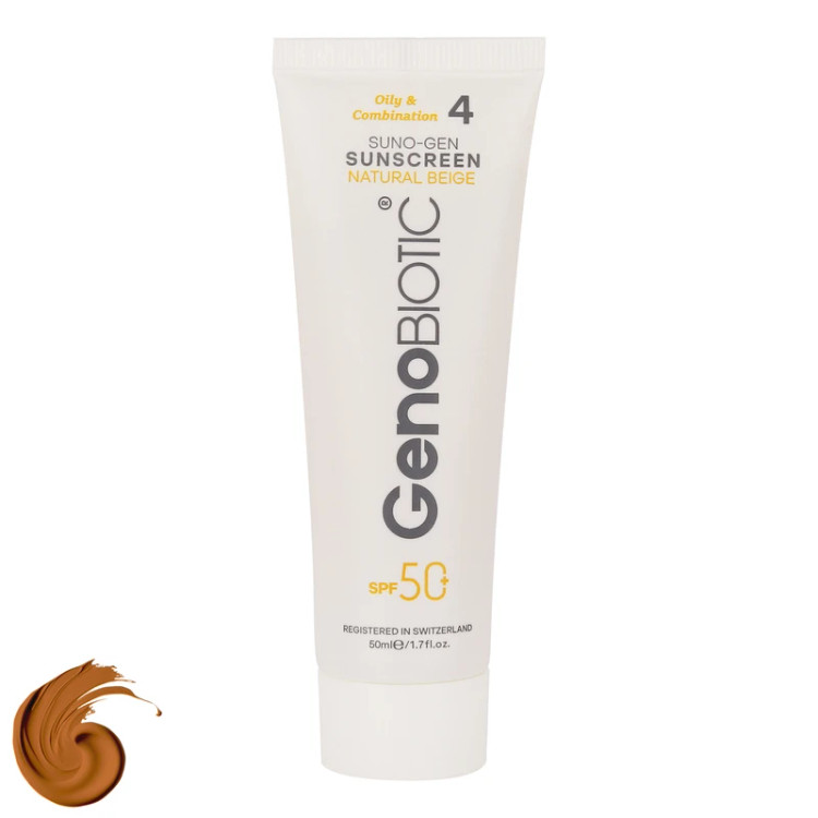 کرم ضدآفتاب ژنوبایوتیک رنگی بژ طبیعی مناسب پوست چرب و مختلط با SPF50 وزن 50 گرم