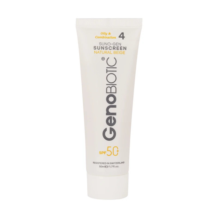 کرم ضدآفتاب ژنوبایوتیک رنگی بژ طبیعی مناسب پوست چرب و مختلط با SPF50 وزن 50 گرم