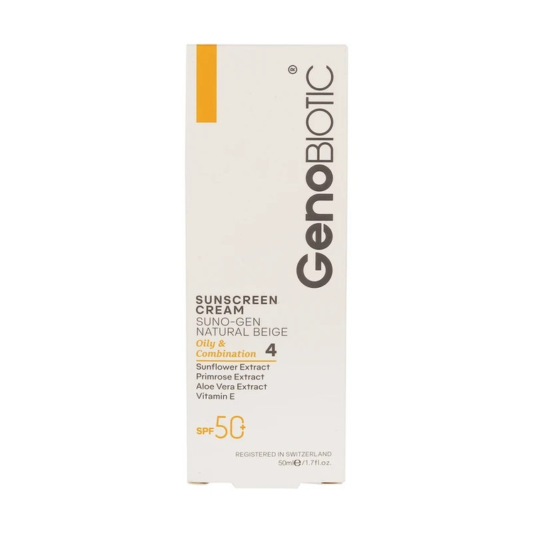 کرم ضدآفتاب ژنوبایوتیک رنگی بژ طبیعی مناسب پوست چرب و مختلط با SPF50 وزن 50 گرم