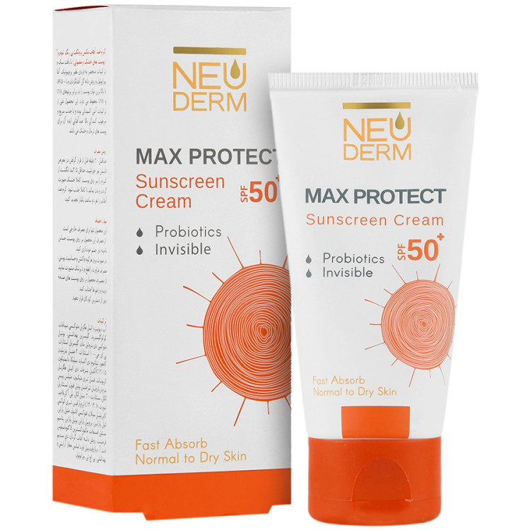 کرم ضد آفتاب مکس پروتکت نئودرم بی رنگ مدل پوست نرمال تا خشک SPF50 حجم 50 میل