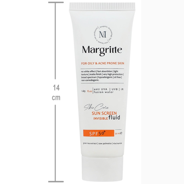 فلوئید ضد آفتاب بی رنگ مارگریت با SPF50 مناسب پوست چرب و مستعد آکنه حجم 50 میلی لیتر