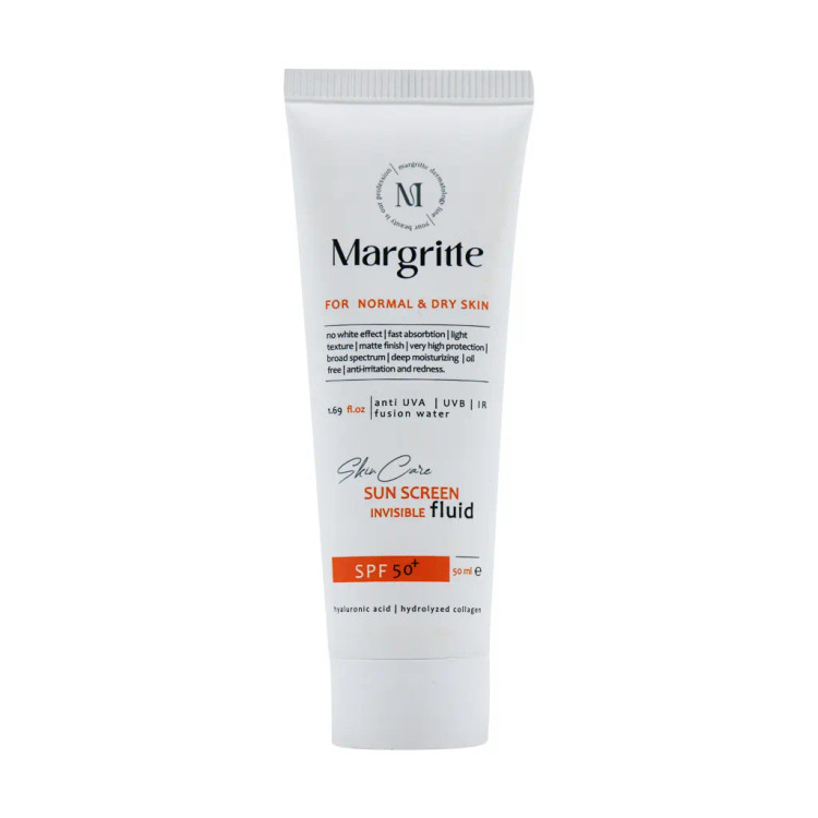 فلوئید ضد آفتاب بی رنگ مارگریت با SPF50 مناسب پوست خشک و نرمال حجم 50 میلی لیتر