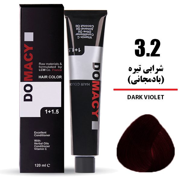 رنگ مو دوماسی DOMACY رنگ شرابی تیره(بادمجانی) سری شرابی شماره 3.2 حجم 120 میل