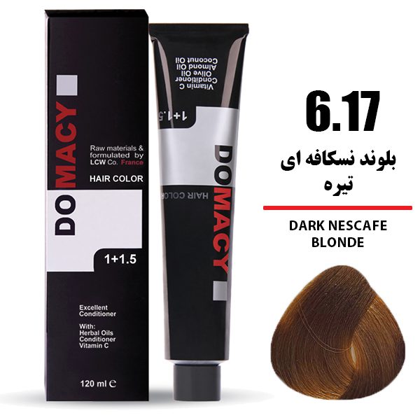 رنگ مو دوماسی DOMACY رنگ بلوند نسکافه ای تیره سری کافی شاپ شماره 6.17 حجم 120 میل