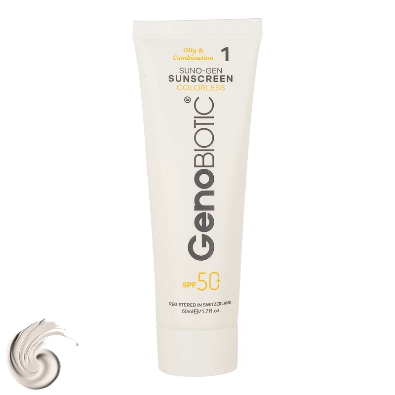 کرم ضدآفتاب ژنوبایوتیک بی رنگ مناسب پوست چرب و مختلط SPF50 حجم 50 میلی لیتر