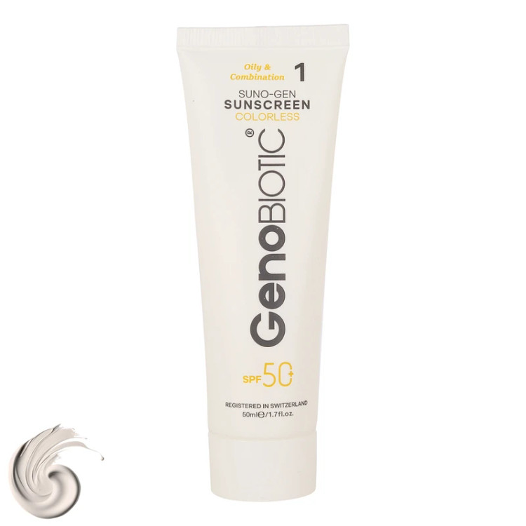 کرم ضدآفتاب ژنوبایوتیک بی رنگ مناسب پوست چرب و مختلط SPF50 حجم 50 میلی لیتر